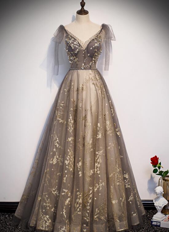 Champagne Lace A-line V-neckline Long Party Dress Prom Dress, Beautiful Lace Evening Dresses