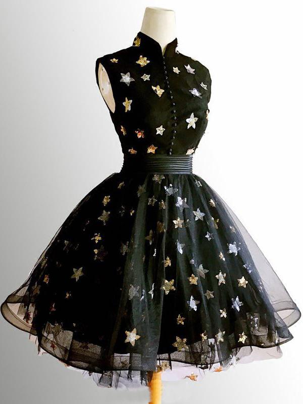 Cute A-Line High Neck Homecoming Dresses Black Short Prom Dress, Cute Homecoming Dress