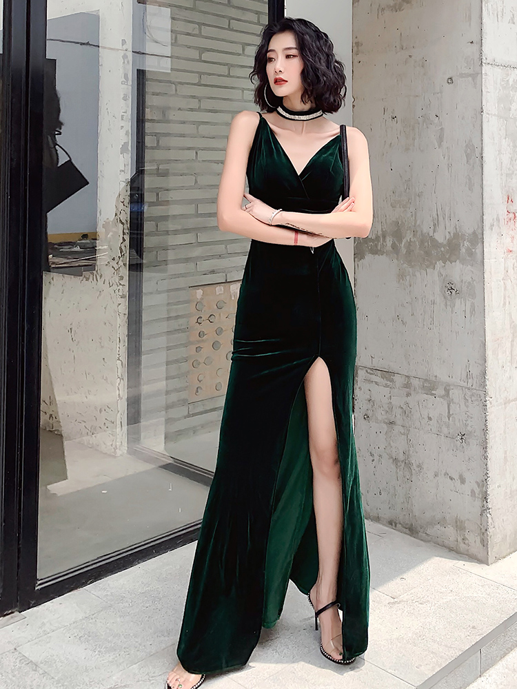 Sexy Dark Green Velvet High Leg Slit Long Prom Dress Party Dress, Straps Mermaid Prom Dresses