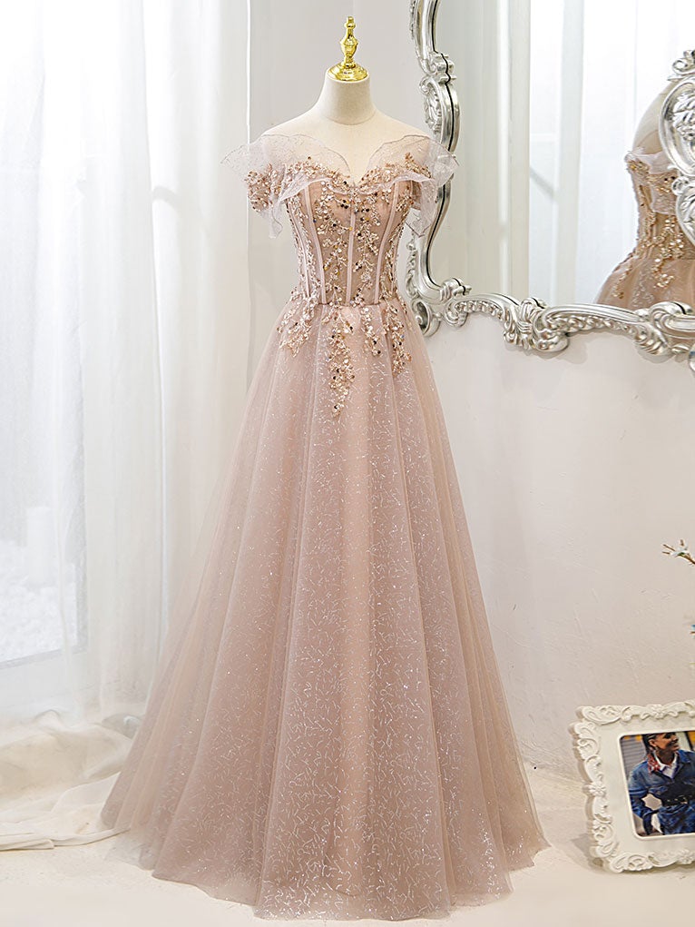 Light Pink Off Shoulder Shiny Tulle With Beaded And Lace Prom Dress, Pink Formal Dresses