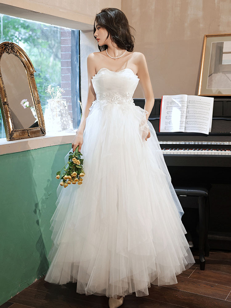 Beautiful White Layers Princess Tulle With Lace Wedding Party Dresses, White Formal Dresses