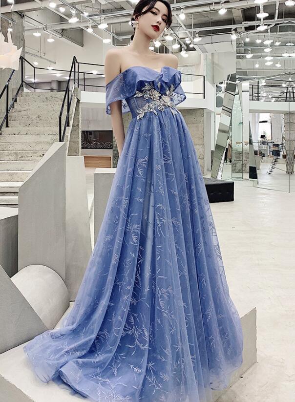 Chic Blue Lace Off Shoulder Long Formal Dress, Blue Prom Dress Evening Dresses