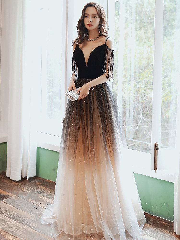 Black V-neckline Gradient Tulle Chic Long Prom Dress, Gradient Formal Dresses