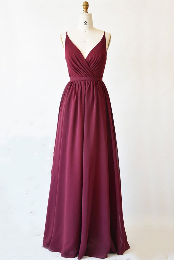 Burgundy Long Prom Dress With Lace Back, V Neck Burgundy Formal Evening Dress, Burgundy Bridesmaid Dress