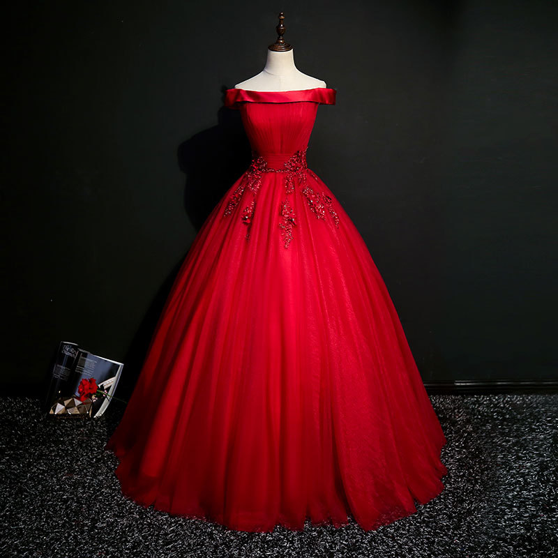 Gorgeous Red Tulle Ball Gown Long Sweet 16 Dresses, Red Off Shoulder Prom Dress