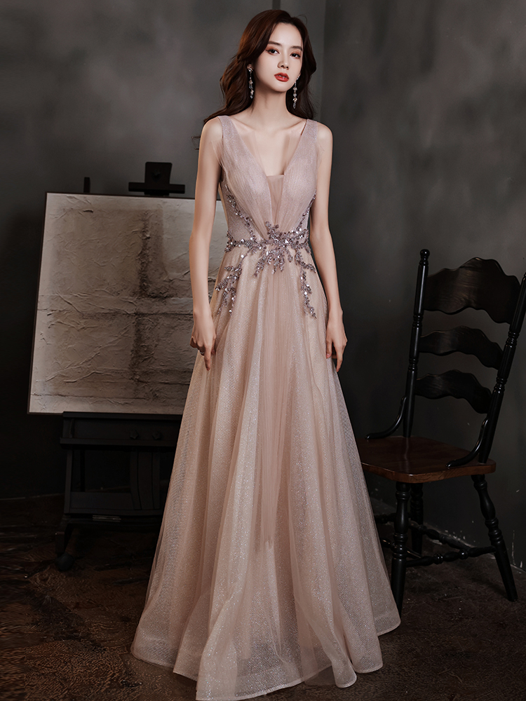 Pearl Pink Shiny Tulle Long Formal Dress Party Dress, A-line Tulle Lace Applique Prom Dress