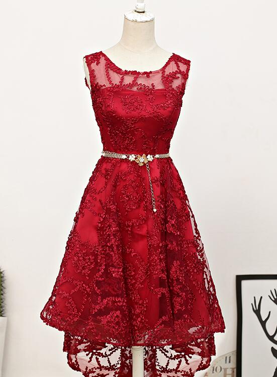 Lovely Round Neckline High Low Lace Party Dress Homecoming Dress, Red Prom Dress