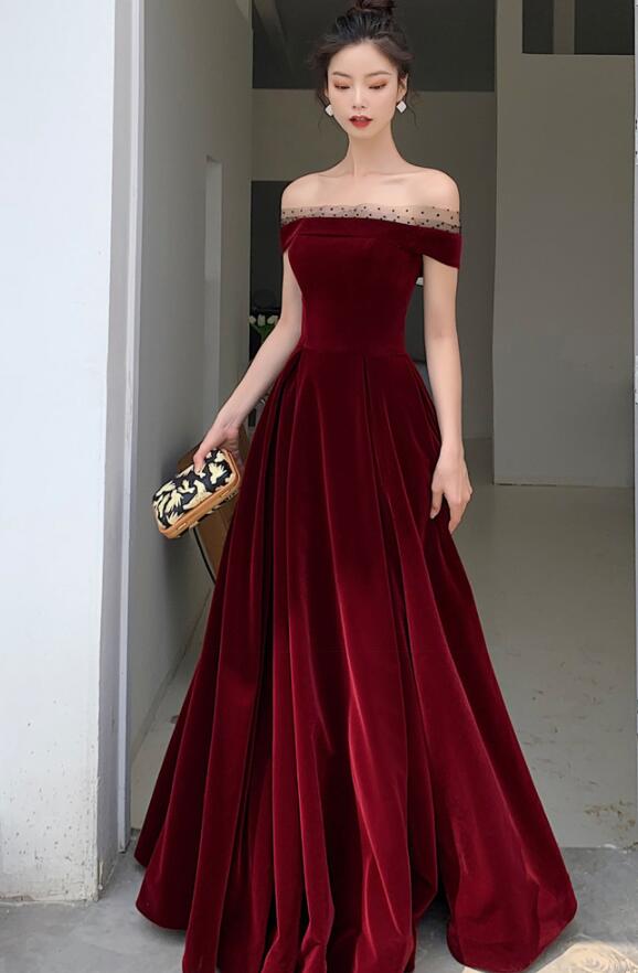 Wine Red Off Shoulder Velvet Long Formal Dress, Velvet Bridesmaid Dresses