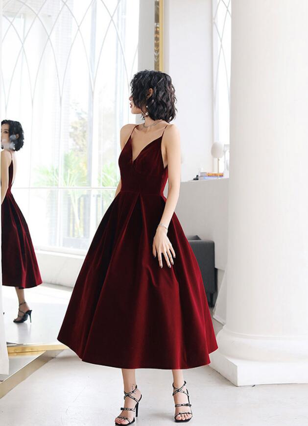 Unique Velvet Dark Red Backless Straps Wedding Party Dress, Short Prom Dresses