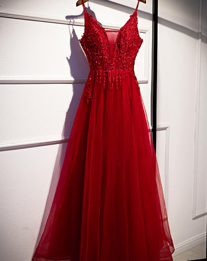 Beautiful Dark Red Lace Tulle Straps Long Prom Dress, Wine Red Floor Length Evening Dress