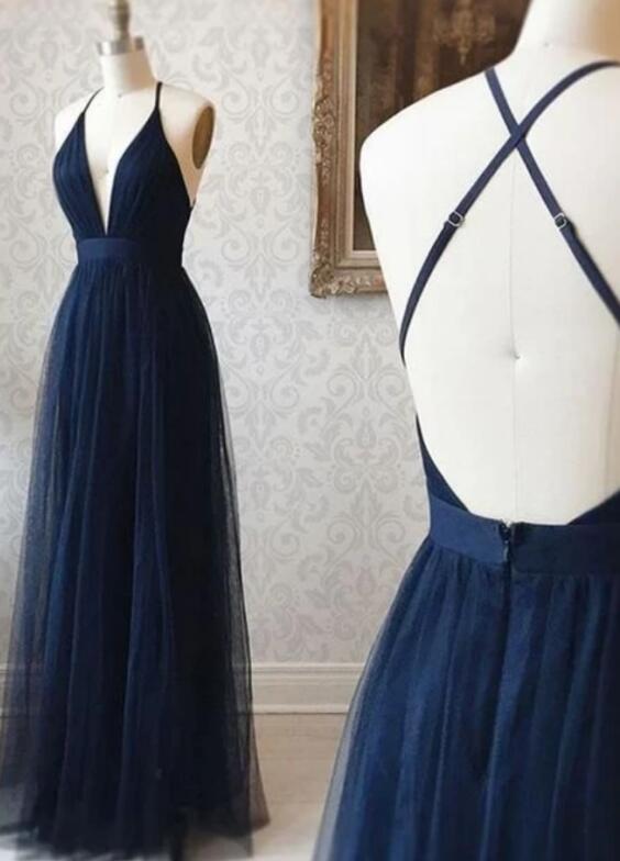 Navy Blue Tulle V-neckline Straps Cross Back Long Party Dress, Blue Evening Dress Formal Dresses