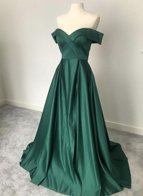 Green Satin Off Shoulder Long Party Dress Prom Dress, Green Bridesmaid Dreses