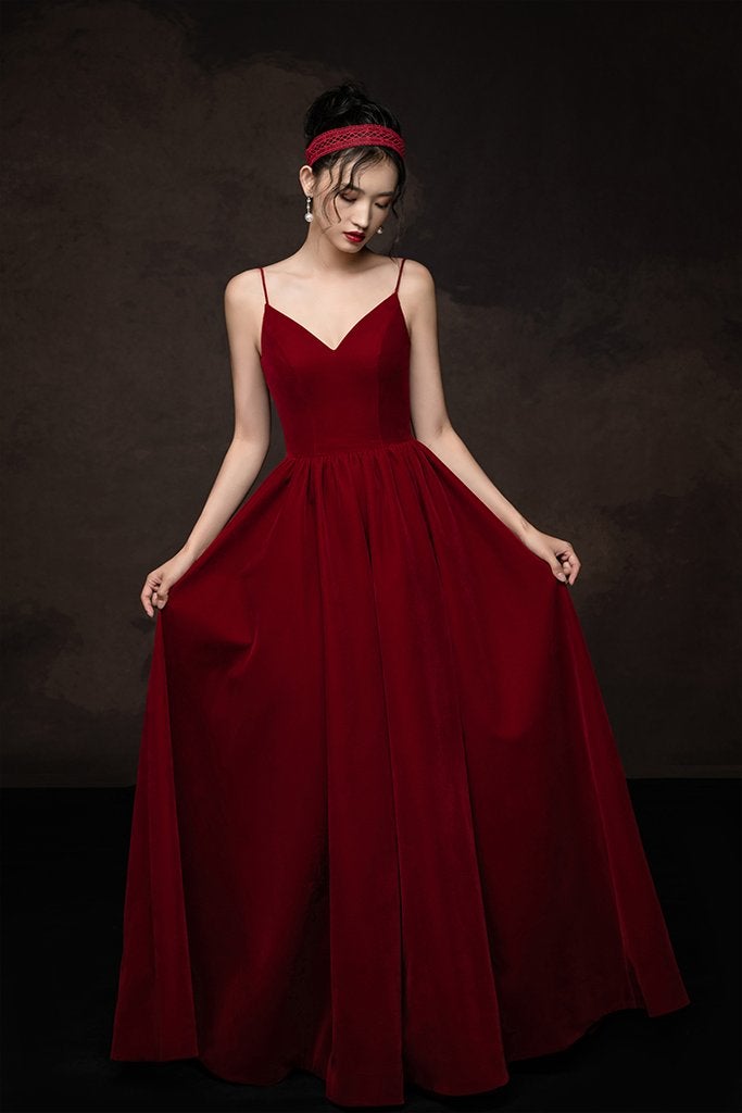 V-neckline Straps Velvet Long Low Back Prom Dress, Dark Red Party Dresses