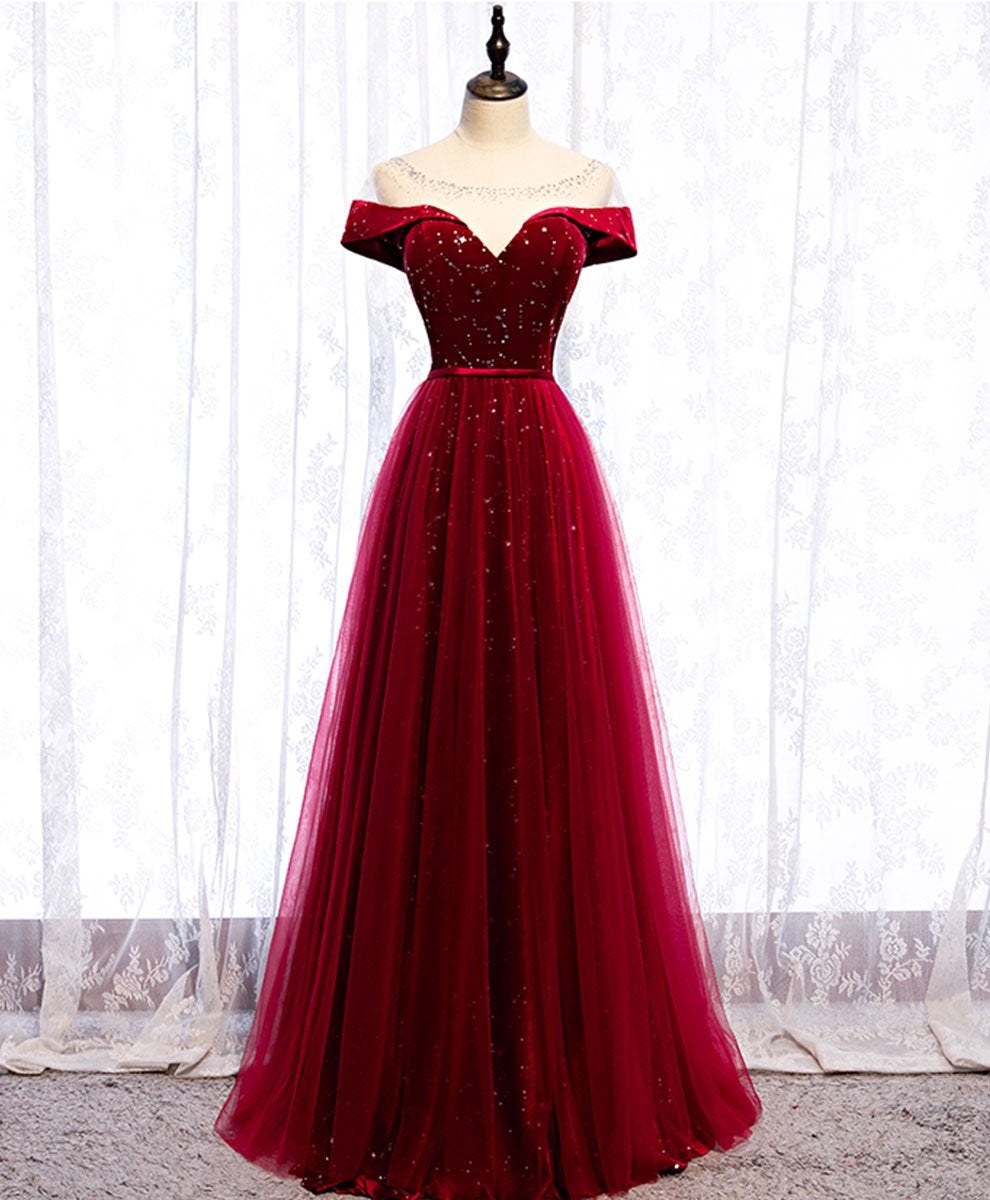Beatufiul Wine Red Tulle With Velvet Long Party Dress, Dark Red Formal Dress Prom Dress