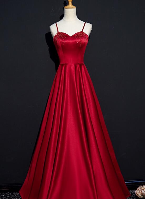 Simple Beaded Sweetheart Satin Wine Red Party Dress, Dark Red Prom Dresses