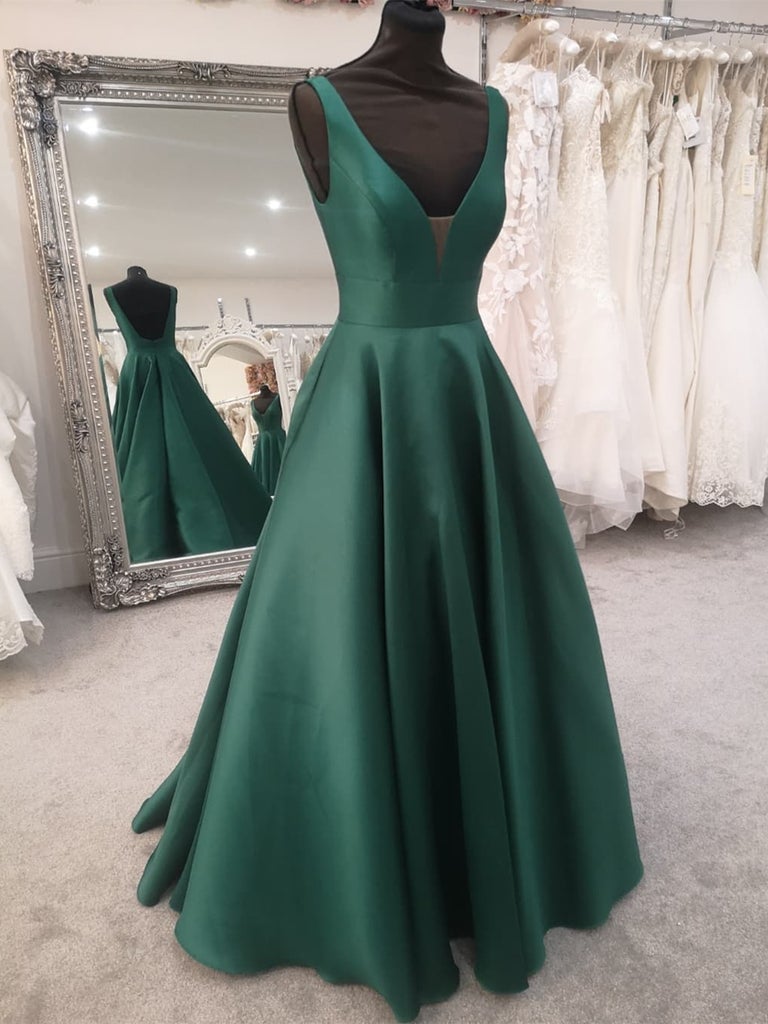 Dark Green Satin V-neckline Floor Length Simple Party Dress, Green Junior Prom Dresses