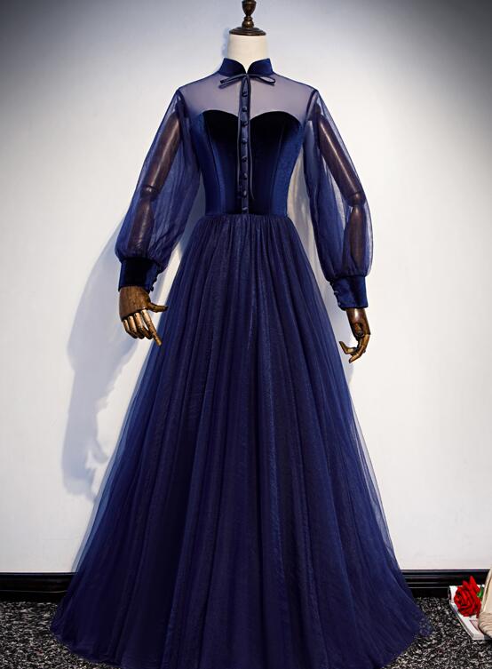Cute Navy Blue Velvet And Tulle A-Line Long Sleeves Prom Dresses, Blue Evening Dresses