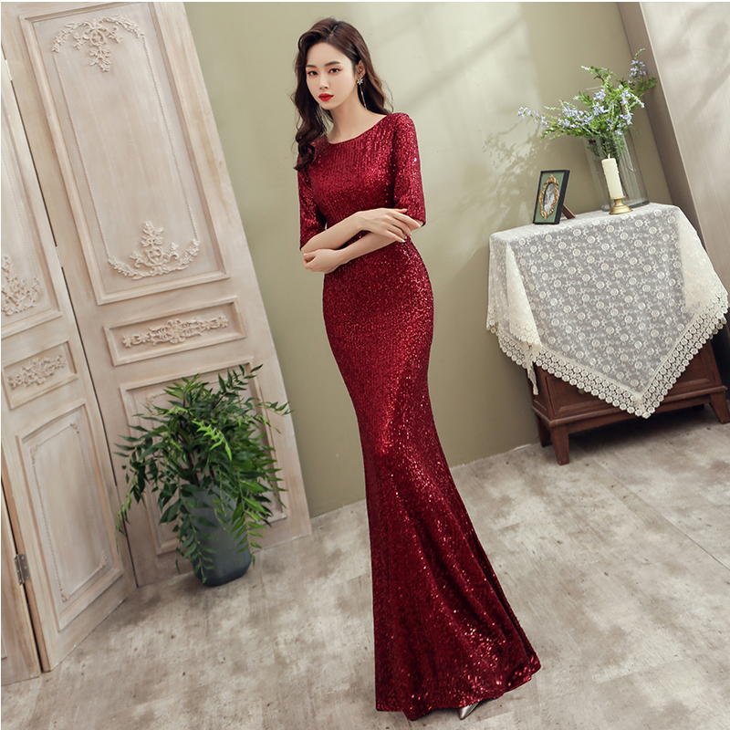 Wine Red Sequins Mermaid Long Evening Dress Party Dress, Dark Red Formal Dresses