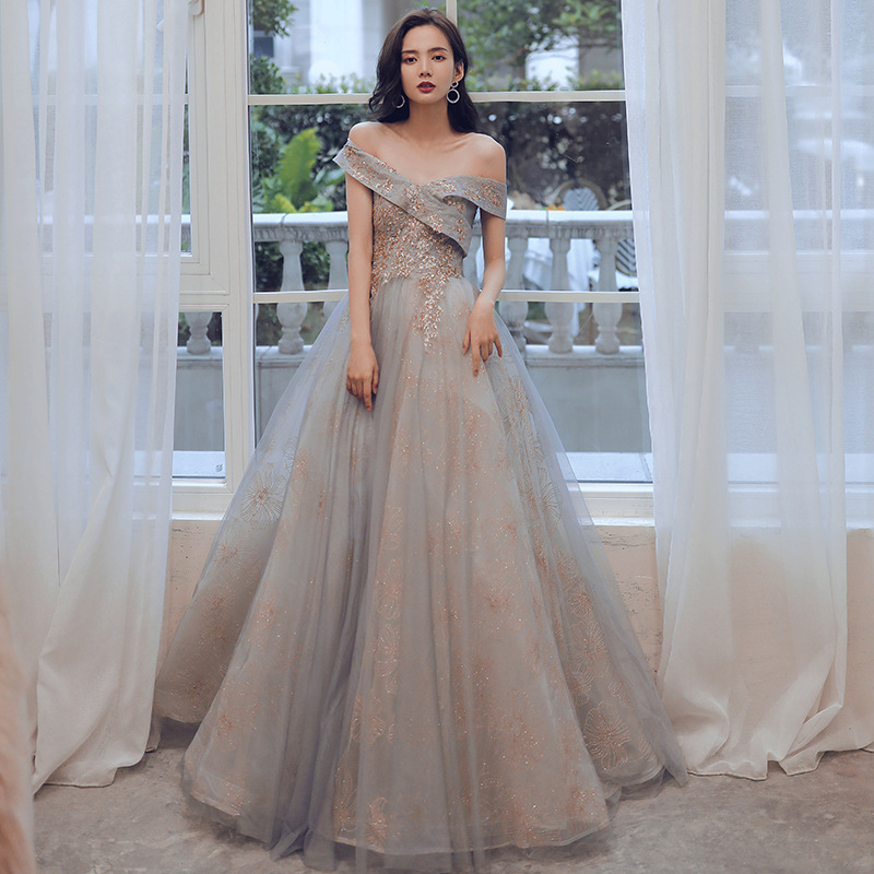 Elegant Off Shoudler Shiny Lace Long Party Dress Prom Dress, Floor Length Evening Dresses