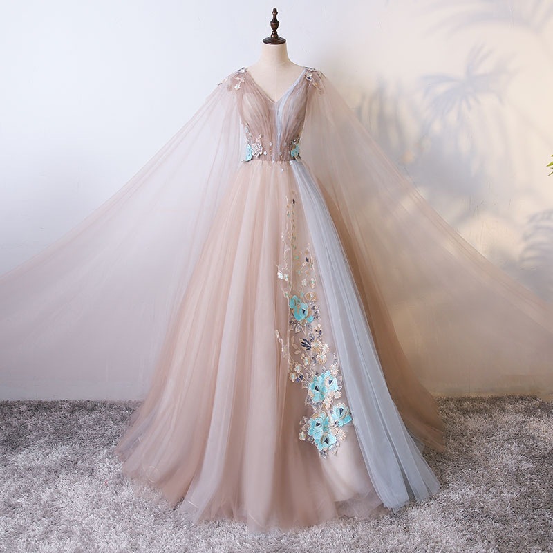 Lovely Light Champagne Long Tulle With Lace Sweet 16 Dresses, Charming Tulle Prom Dress