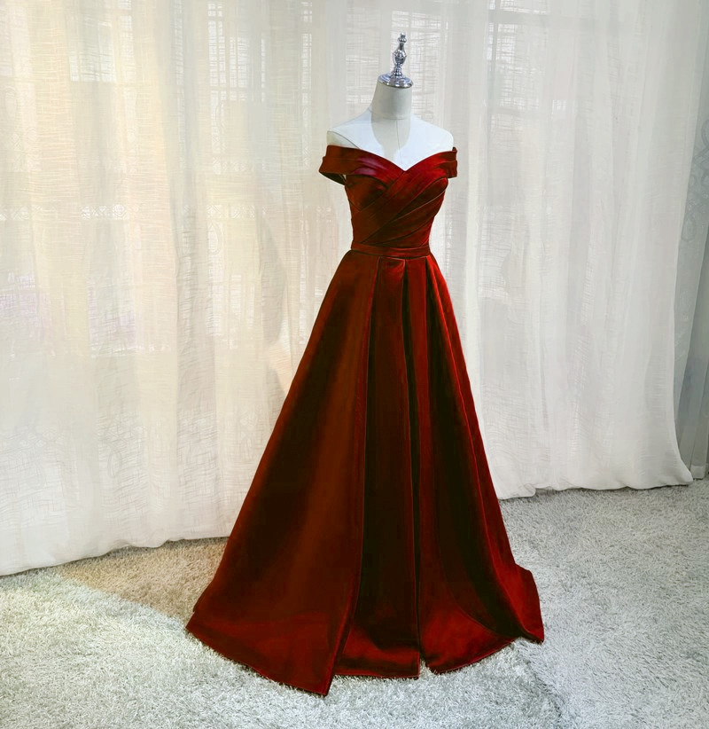 Beautiful Wine Red Simple Satin Off Shoulder Evening Gown, Dark Red Long Formal Dresses