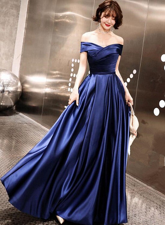 Blue Satin Simple A-line Chic Prom Dress Party Dress 2022, Long Evening Dresses