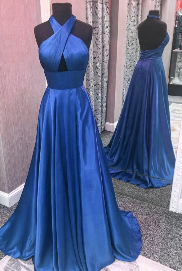 Blue Satin Halter Backless Floor Length Party Dress, Blue Evening Dress Prom Dress