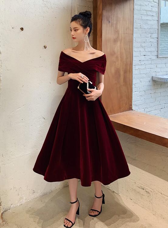 Burgundy Velvet Tea Length Chic Off Shoulder Party Dress, Wine Red Prom Dresses Bridesmaid Dress