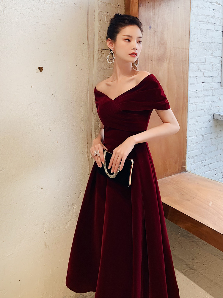 Burgundy Velvet Tea Length Chic Off Shoulder Party Dress, Wine Red Prom ...