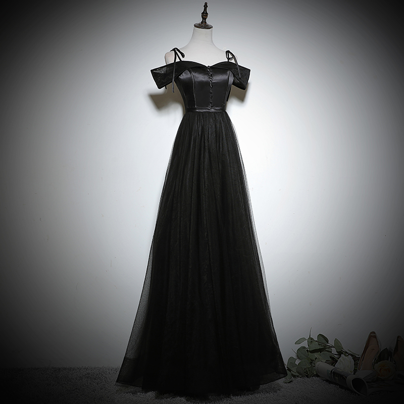 Lovely Black Off Shouldr A-line Satin With Tulle Prom Dress, Black Evening Dresses Bridesmaid Dresses