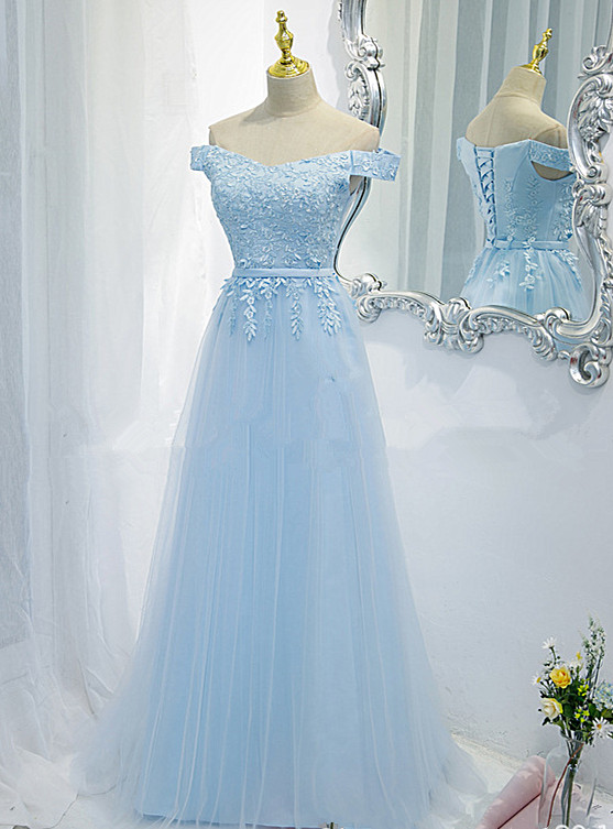 Beautiful Blue Simple Long Evening Dress Party Dress With Lace, Off Shoulder Prom Dresses