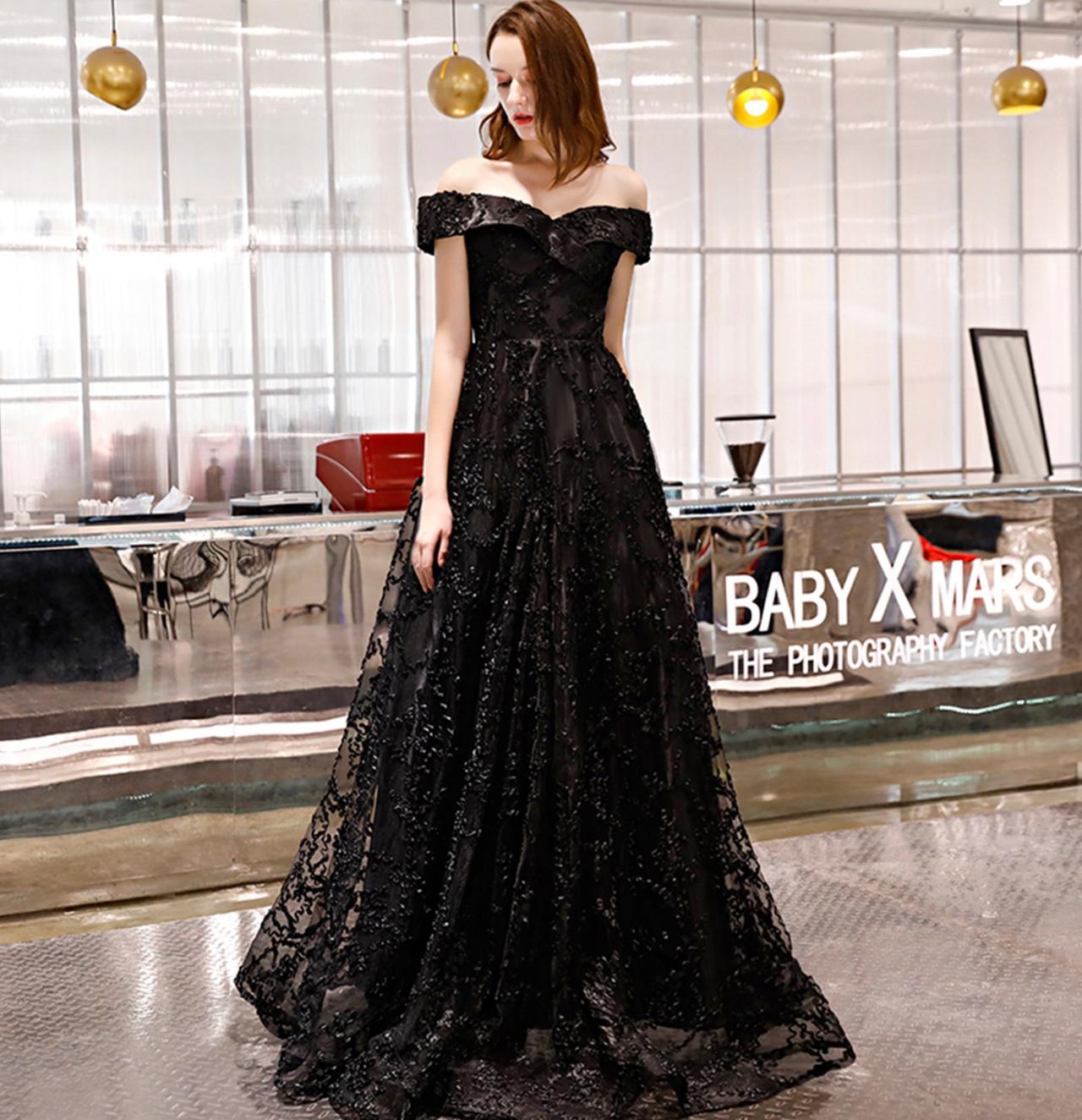 Black Lace Off Shoulder A-line Floor Length Party Dresses, Black Evening Dresses