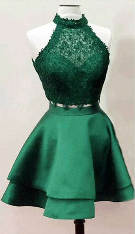 Green Satin And Lace High Neckline Two Piece Party Dress, Green Homecoming Dresses