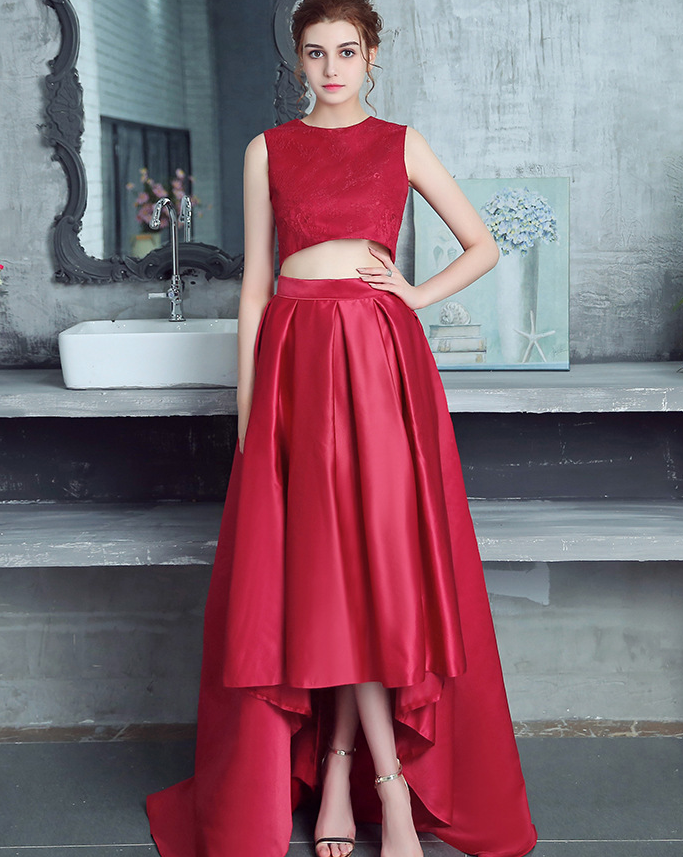 Two Piece Red Satin High Low Party Dress Formal Dress, Beautiful Wine Red Evening Dresses