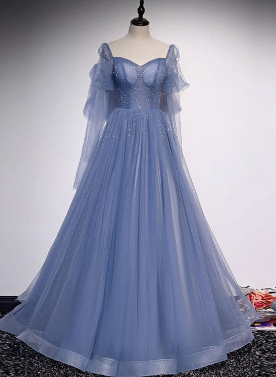 Blue Tulle A-line Beaded Long Party Dress, Blue Evening Dresses Prom Dresses 2022