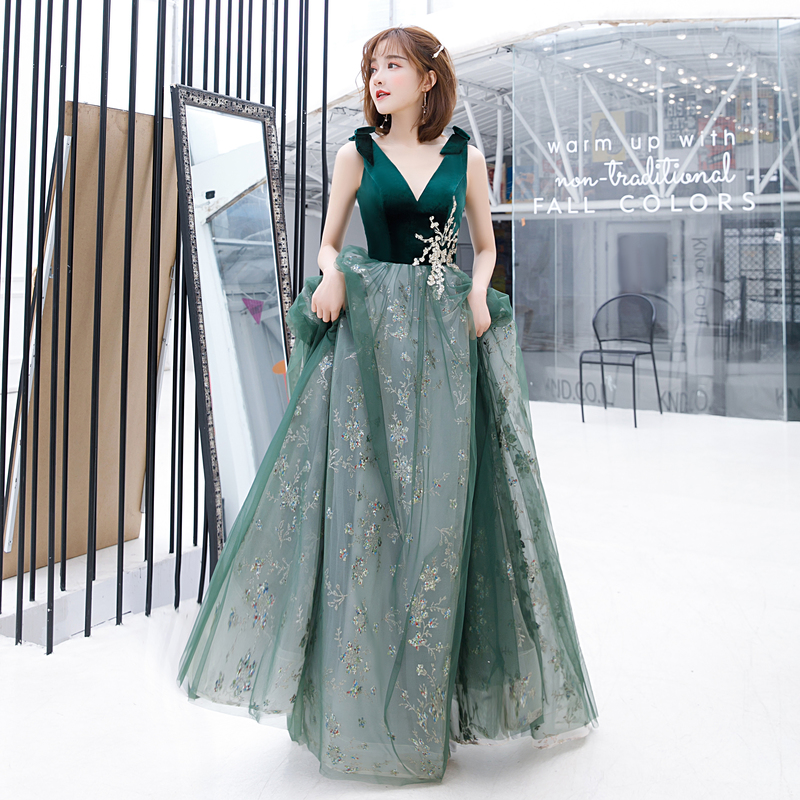 Green V-neckline Tulle And Velvet Long Party Dress With Lace, Green Evening Dresses, Prom Dresses