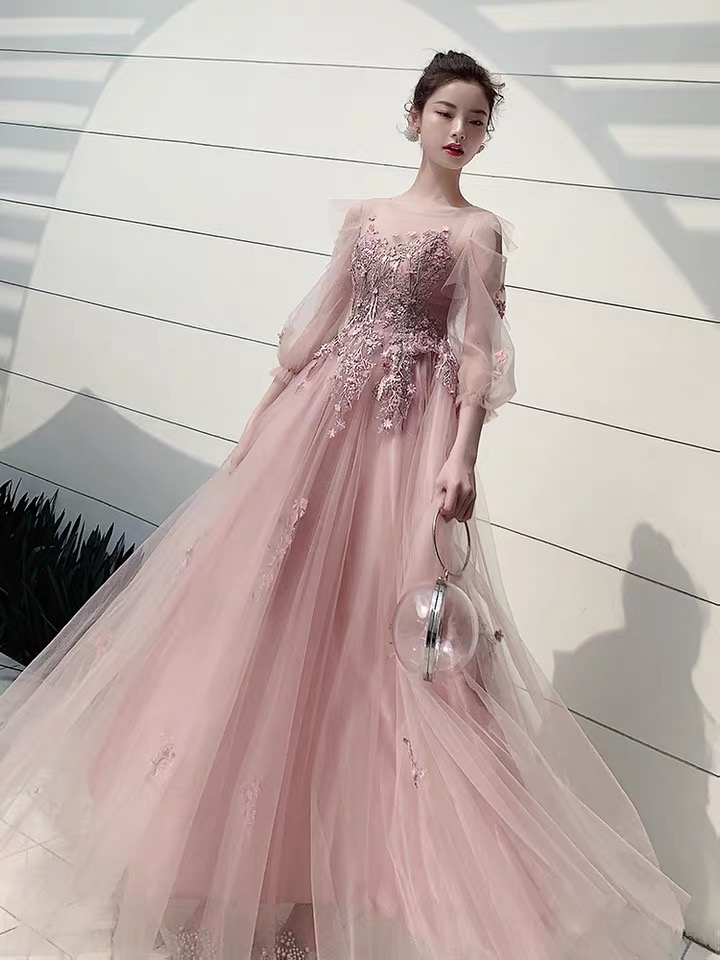 Pink Tulle Long Sleeves Round Neckline Party Dresses, A-line Pink Formal Dress With Lace
