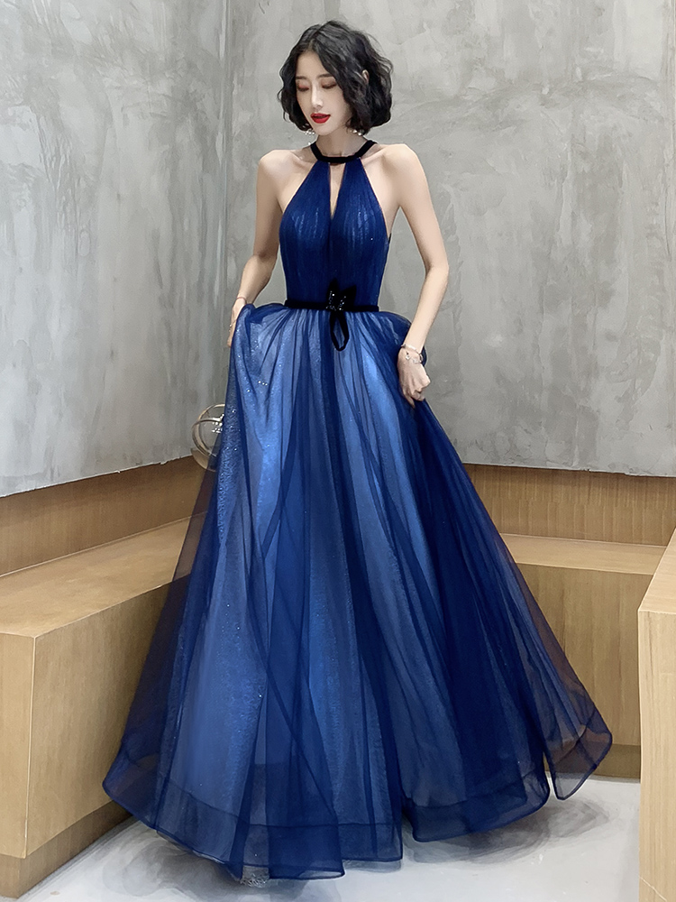Beautiful Blue Haler Long Evening Dress Prom Dress, A-line Blue Formal Dresses