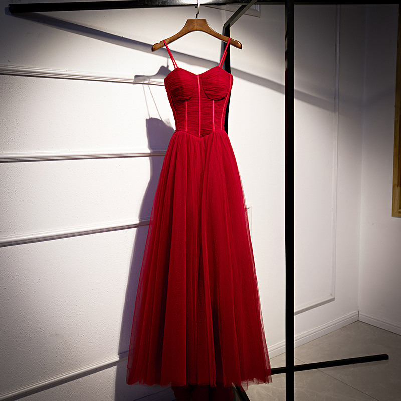 Wine Red Spaghetti Straps Tulle Pleated Ruched Long Prom Dress, Burgundy Long Evening Dresses