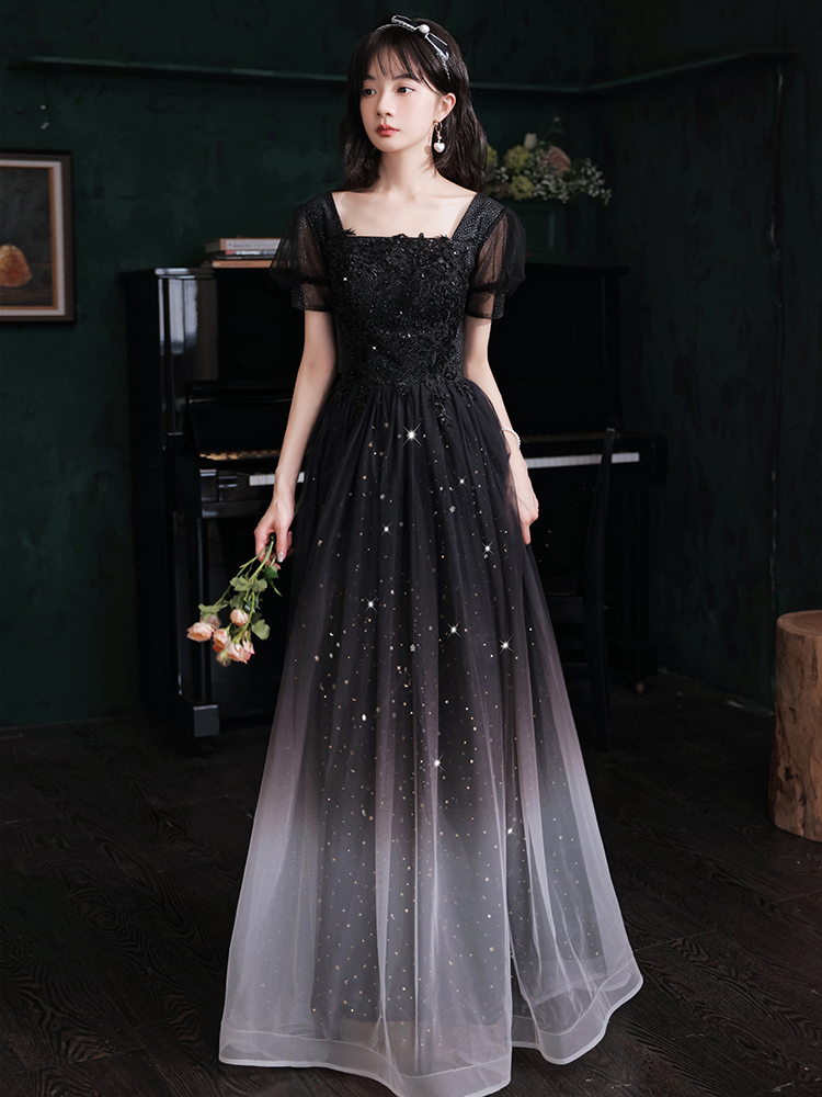 Black Short Sleeves Tulle With Lace Gradient Long Formal Dresses, Black Evening Dress Party Dresses