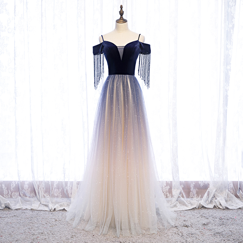 Blue Gradient Tulle And Velvet Long Simple Prom Dress, Beautiful Blue Formal Dresses
