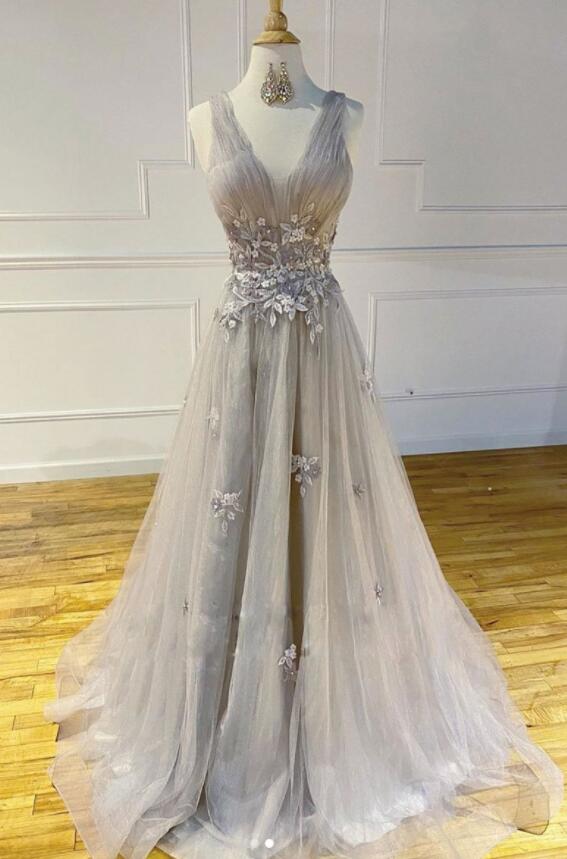Beautiful Grey Tulle With Lace Long Evening Dress Party Dress, Floor Length Prom Dresses