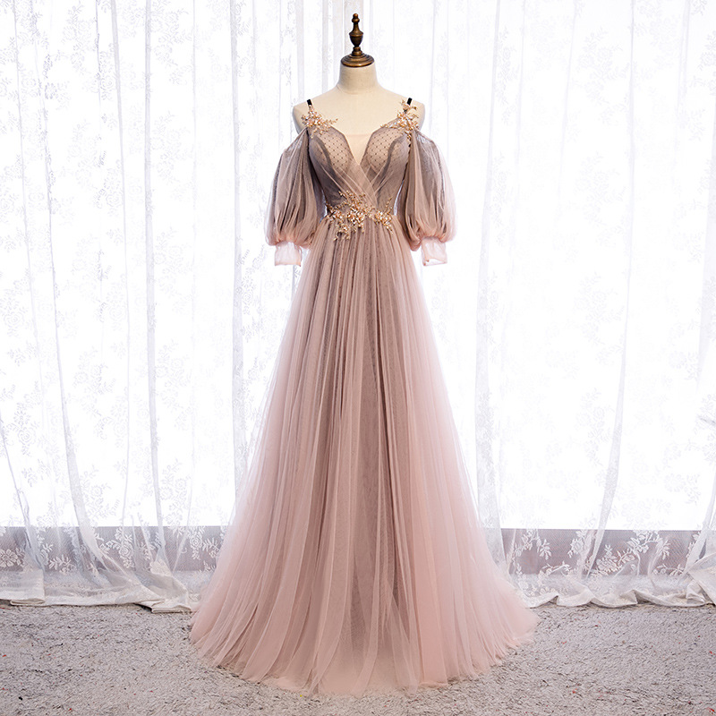 Lovely Pink Tulle V-neckline Straps Floor Length Party Dresses, Pink Tulle Formal Dresses 2022