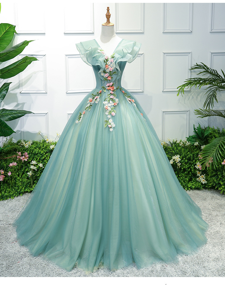 Light Green Tulle With Lace Flowers Long Party Dress, Tulle Evening Gown Prom Dress