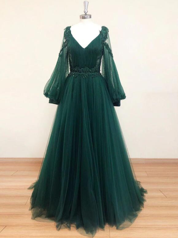 Beautiful Green Tulle Long Sleeves Wedding Party Dresses, Green Prom Dresses Party Dress