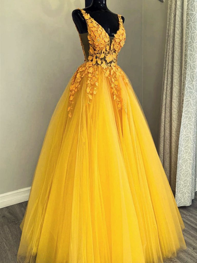 Beautiful Yellow V-neckline Low Back Tulle With Lace Long Party Dresses, A-line Tulle Prom Dresses