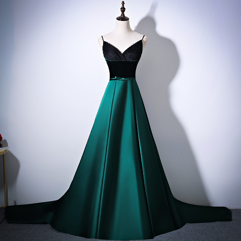 Lovely Green And Black V-neckline Straps Long Evening Dress, Green Party Dresses