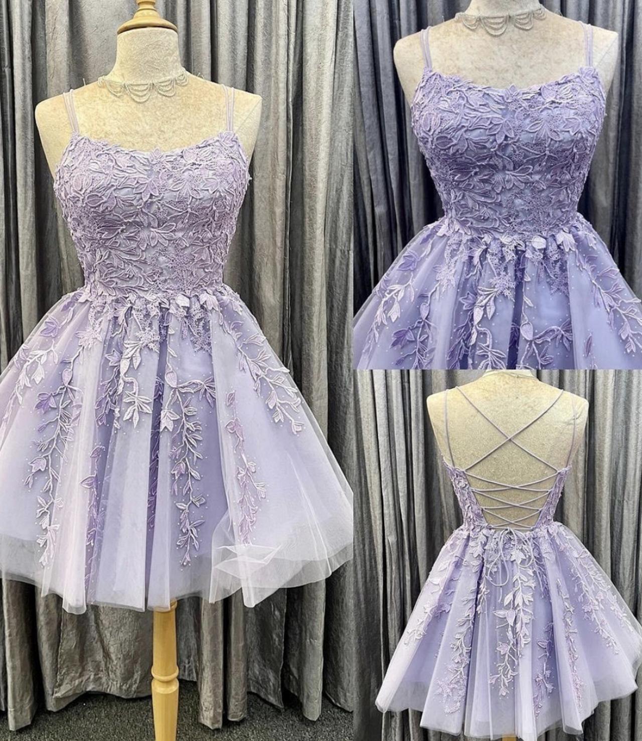 Cute Short Purple Homecoming Dress Prom Dress With Lace, Backless Homecoming Dresses