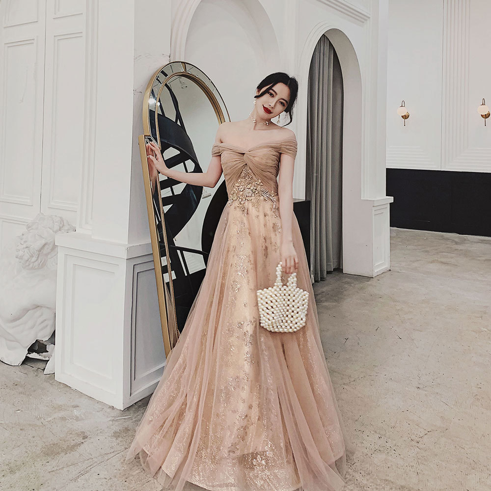Champagne Off Shoulder Tulle With Lace Long Evening Dress Prom Dress, Floral Formal Gowns