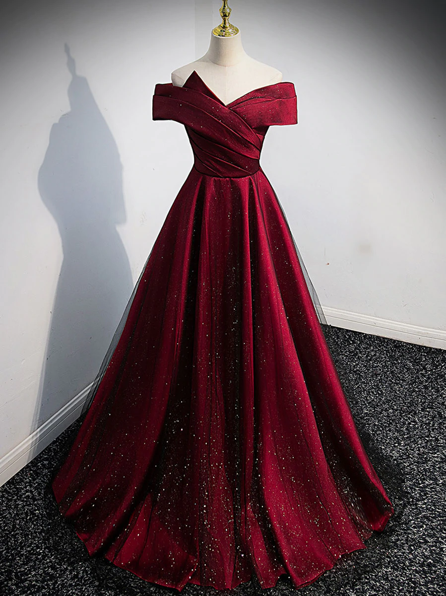 Beautiful Dark Red Satin Shiny Tulle Long Prom Dress, Lovely Burgundy Party Dresses